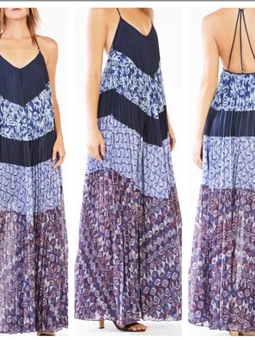 BCBG maxazria L Boho Strappy Maxi Dress in Navy and Multi-Blue